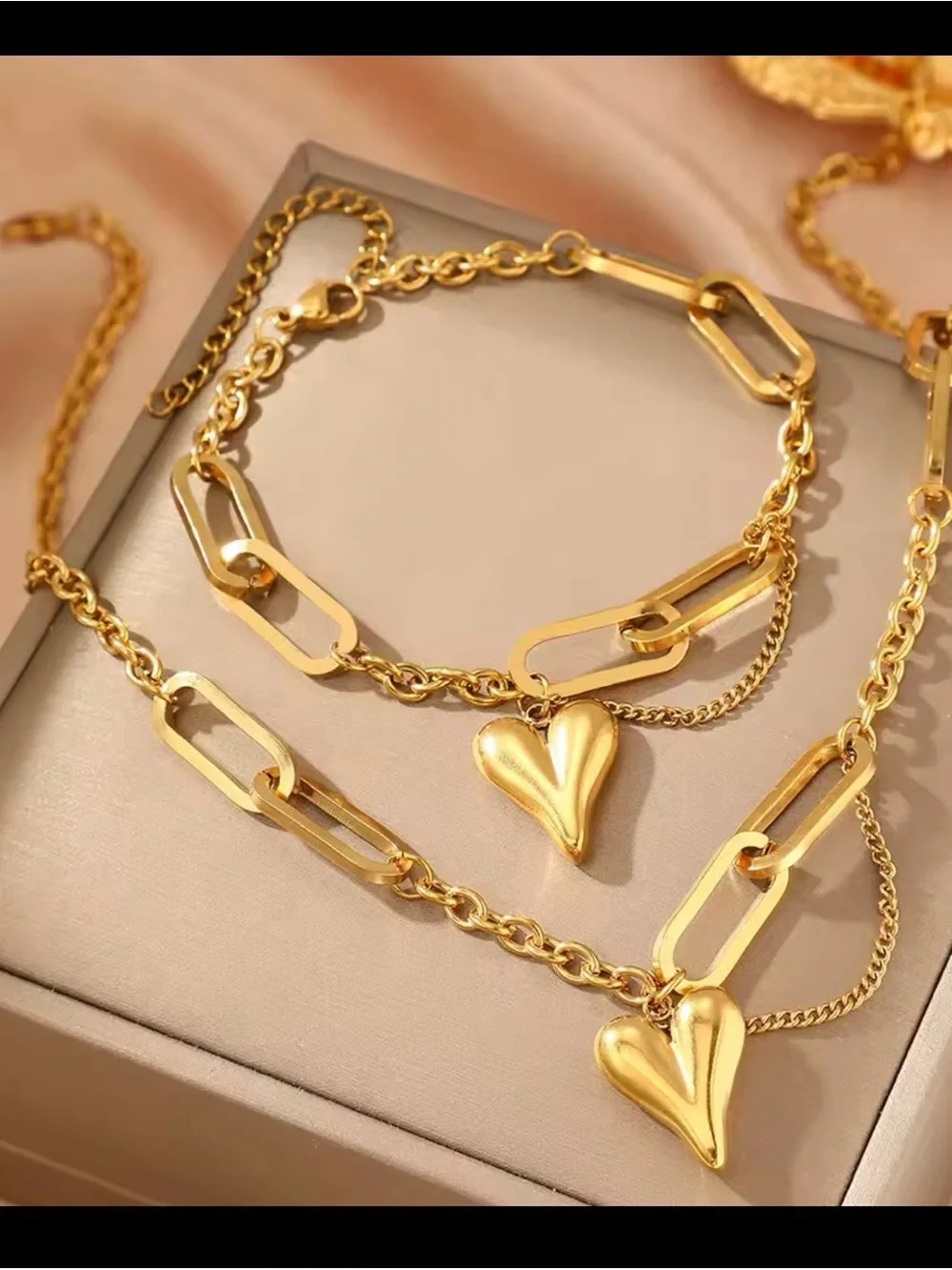 Gold Heart Link Layered Necklace Set - Women Jewelry